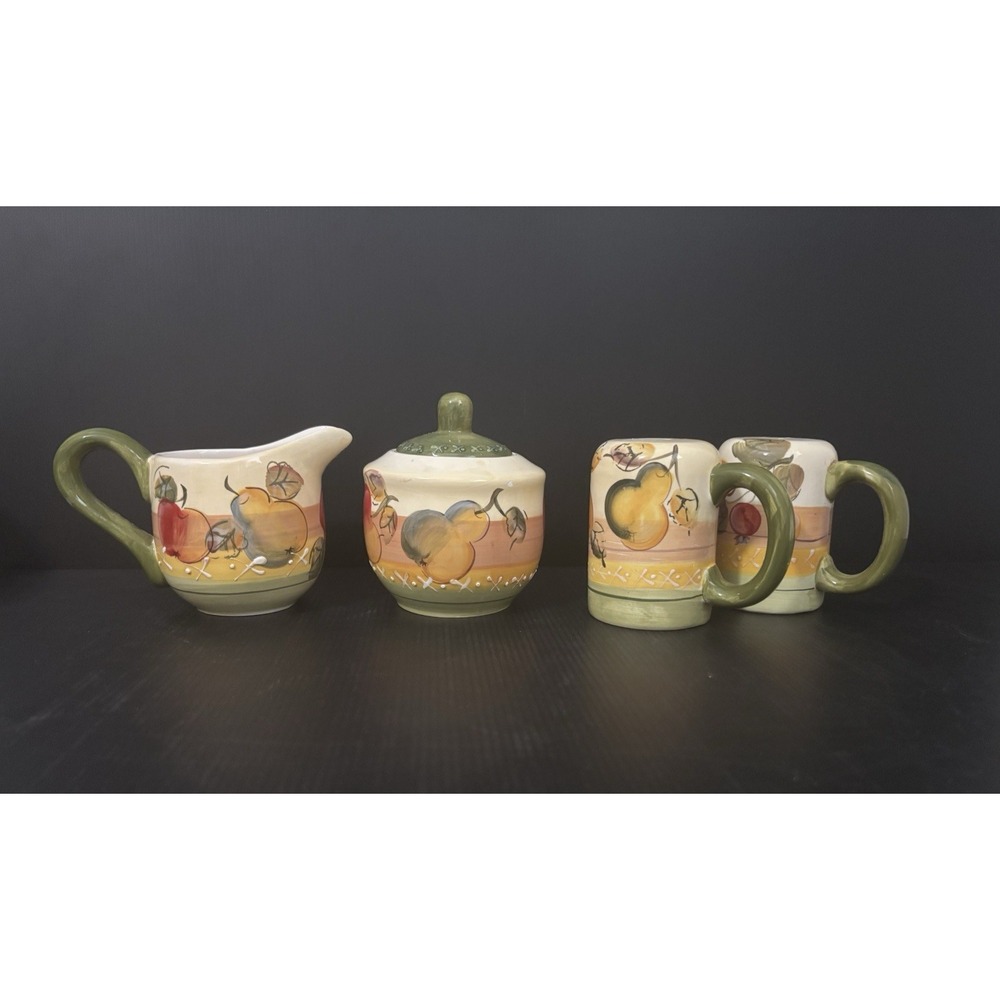 Gibson Fruit Creamer Sugar/Lid Salt and Pepper Shakers Green Handle Farmhouse
